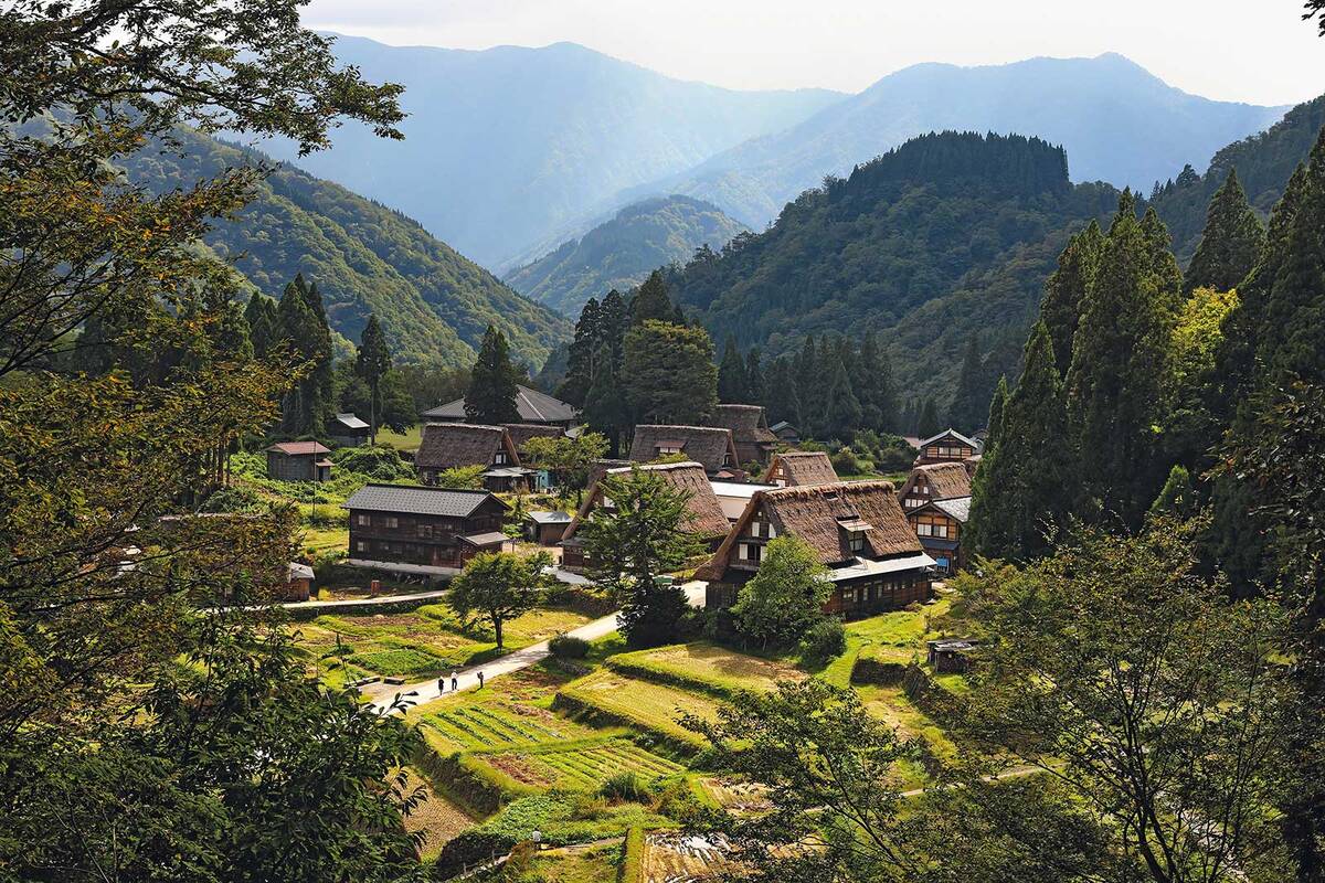 Ainokura, ein schnuckeliges Dorf, eingerahmt von sanften grünen Hügeln in einem kleinen Tal.