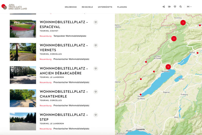 Wer auf der Tourismusseite der Kantone Neuenburg und Jura (www.j3l.ch) Wohnmobilstellplätze sucht, findet die als temporär oder provisorisch bezeichneten Stellplätze.