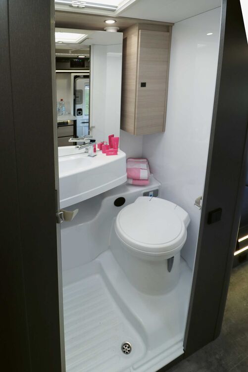 Im hell ausgekleideten Sanitärraum mit der platzsparenden Schiebetür und dem funktionalen Schwenkelement ist alles Wesentliche vorhanden.