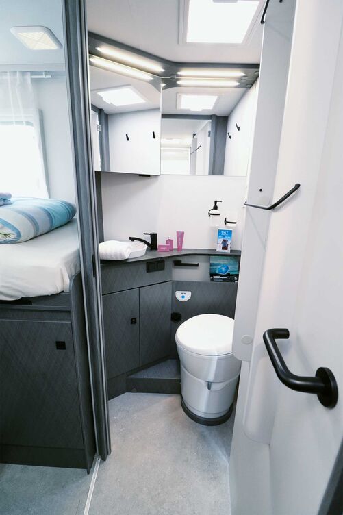 Die optisch ansprechende Einrichtung und die umfangreiche Ausstattung des Toilettenraumes können überzeugen.